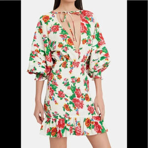 Rhode Anya Smocked Floral Dress White & Red Size Small